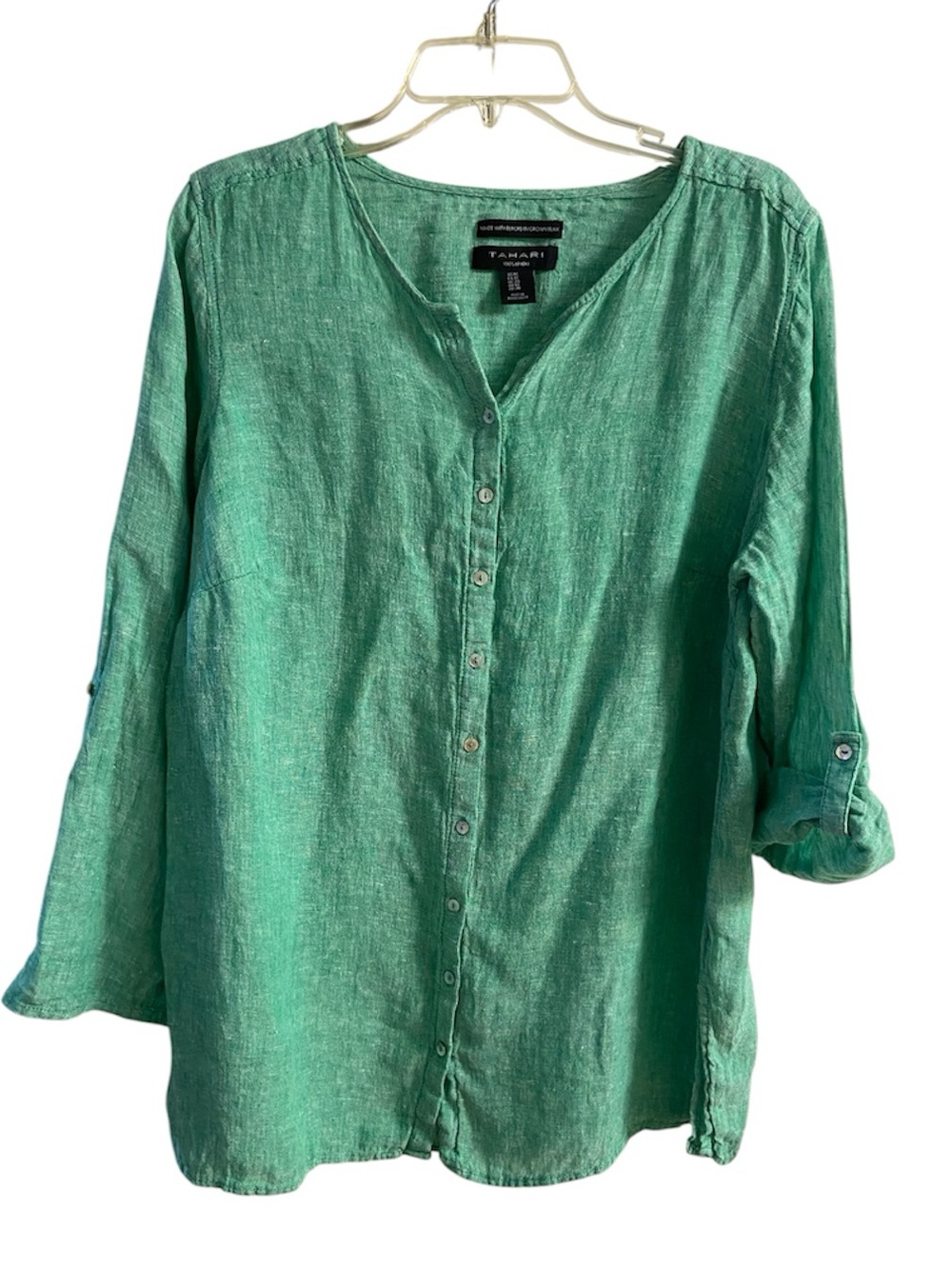 Tahari Women's Linen Button Down Blouse Green 1X